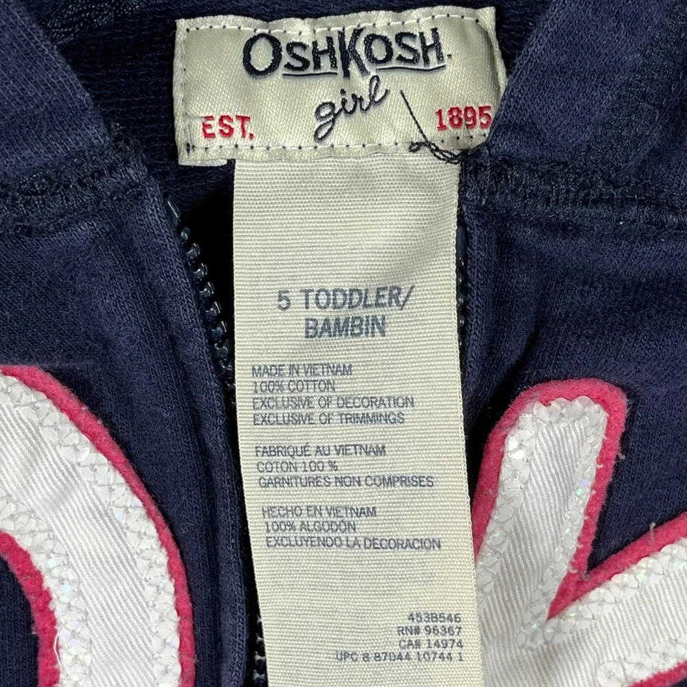 OshKosh BGosh Toddler Girl Navy Blue Zip Up Hoodie Jacket OKBG Size‎ 5